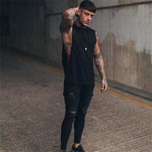 Mens Casual Fashion Tank Top Gym Fitness Workout Cotton Sleeveless Shirt Summer Clothing Male Extend Long Singlet Hip Hop Vest