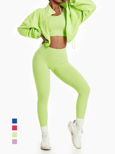 Women Sport Outfit Hoodie Jacket Sweatshirt Coat Sportwear Yoga High Waist Leggings Set Top Vest Female Bra Gym Fitness Clothing