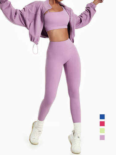 Women Sport Outfit Hoodie Jacket Sweatshirt Coat Sportwear Yoga High Waist Leggings Set Top Vest Female Bra Gym Fitness Clothing